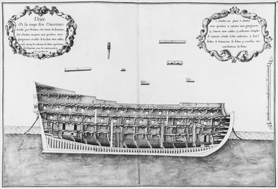 Dwarsdoorsnede van een schip bekleed aan de binnenkant over de volledige hoogte, illustratie uit de 